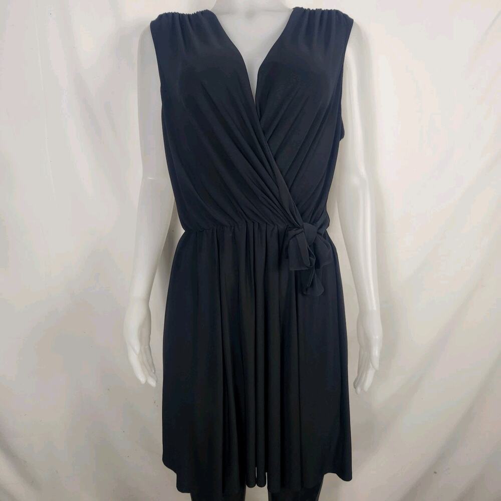 Tahari Faux Wrap Dress Sz XL Black Sleeveless V Neck Tie Waist Classic Stretch